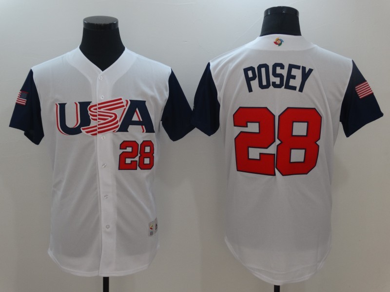 Men USA Baseball #28  Buster Posey White 2017 World Baseball Classic Authentic Jersey